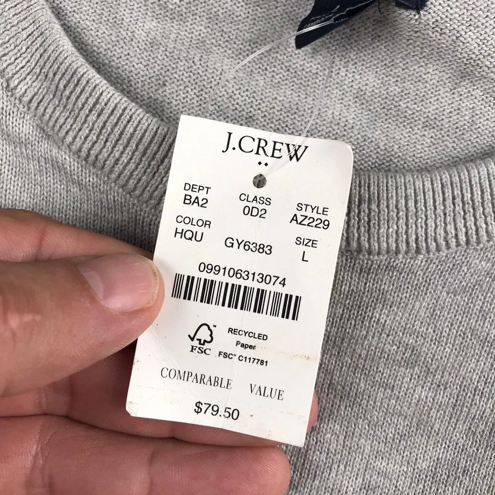 J Crew Sweater Mens L Grey 100% Cotton Crewneck Lightweight Knit NEW NWT